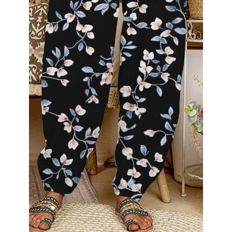 Women's Chinos Pants Trousers Active Fashion Long High Waist Floral Pocket Elastic Waist Printing Breathability Soft Micro-elastic Vacation Street Daily Wear Black Spring Fall Regular Fit2