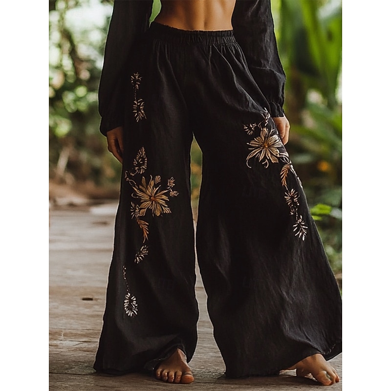 Women's Wide Leg Pants Trousers Vacation Casual Long High Waist Floral Elastic Waist Printing High Cut Breathability Soft Micro-elastic Vacation Street Daily Wear Black Spring Fall Regular Fit
