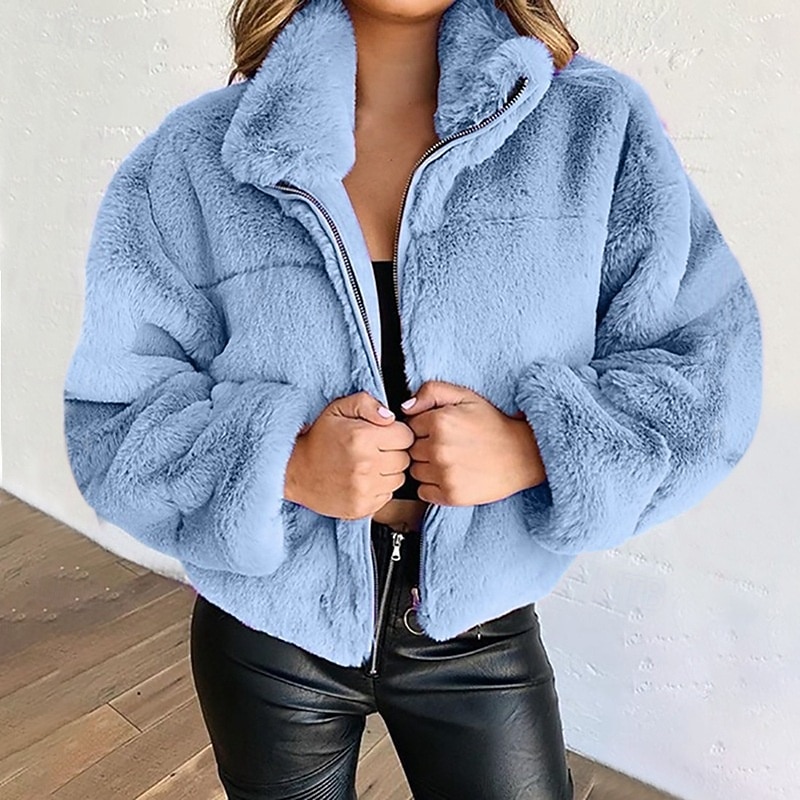 Women's Winter Coat Teddy Coat Faux Fur Coat Warm Comfortable Zipper Outdoor Casual Plain Street Holiday Going out Weekend Zipper Short Turndown Regular Fit Long Sleeve Outerwear Black Pink Blue Fall4