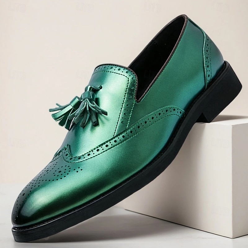 Men's Metallic Green Tassel Loafers – Fashionable Dress Shoes for Parties, Nightlife and Statement Streetwear Looks
