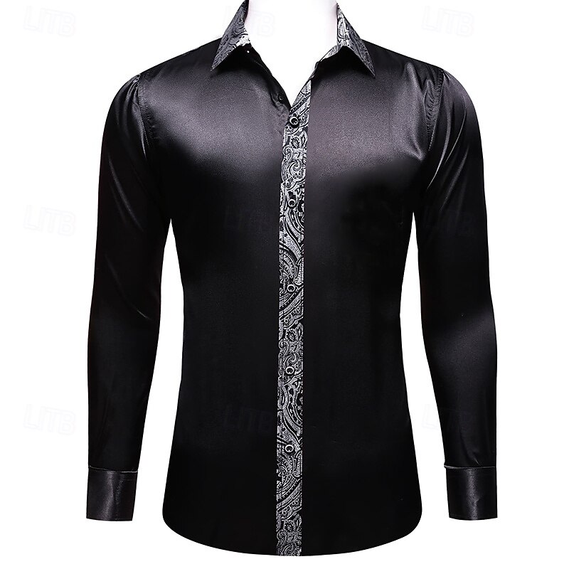 Men's Shirt Silk Like Satin Shirt Casual Shirt Button Up Shirt Prom Shirt Plain Formal Wedding Black Long Sleeve Lapel Spring &  Fall All Seasons Clothing Apparel3