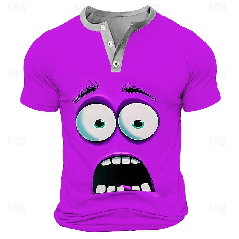 Men's Cartoon Human face T Shirt Henley Shirt Short Sleeve Designer Retro Vintage Casual Street Casual Daily Summer Spring Yellow Green Red Blue Purple Henley Henley T-Shirt4