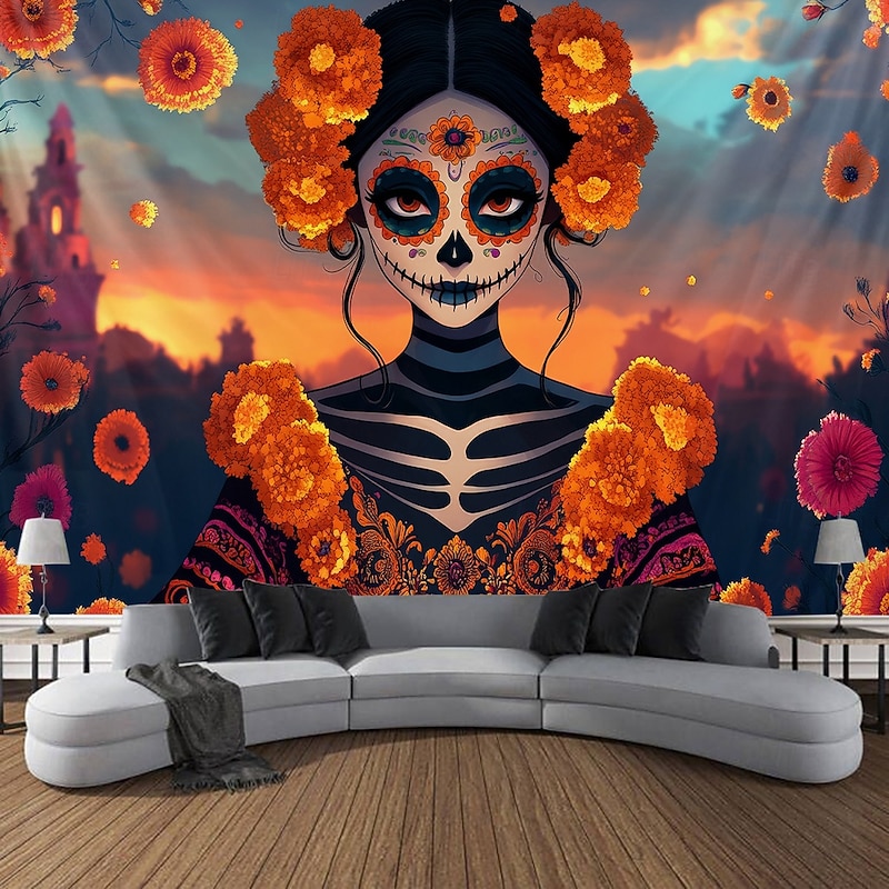 Day of the Dead Tapestry Banners Wall Hangings Skeleton Mexico Dark Punk Gothic Style Party Dorm Shooting Backgrounds Home Decor
