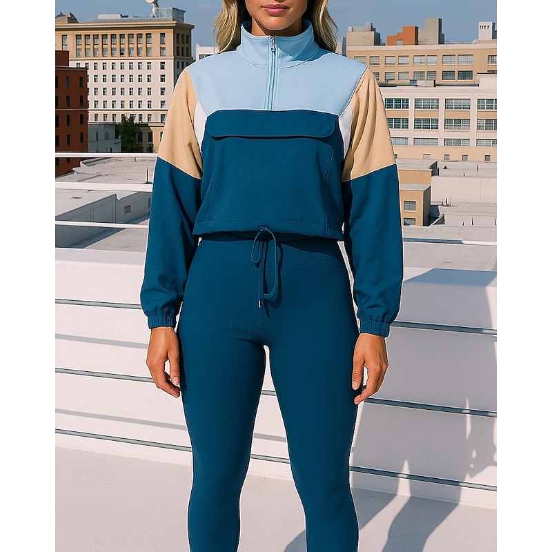 Women's Tracksuit Sweatpants Sportswear Quarter Zipper with Pocket Color Block Clothing Suit Fall Red Blue Outdoor Travel Sports High Waist Long Sleeve Sport Activewear Micro-elastic Regular Fit3