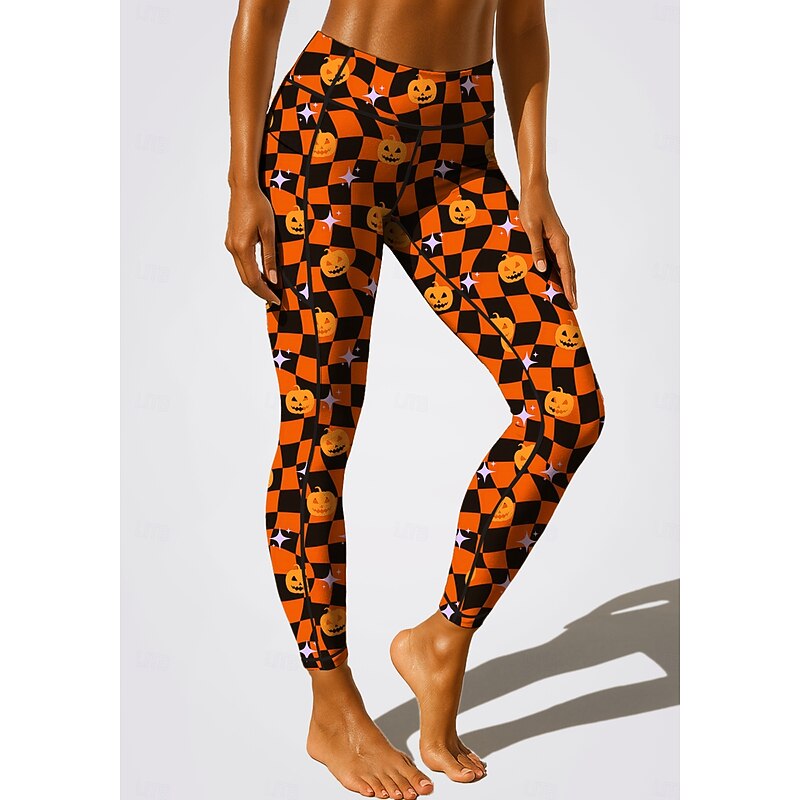 Women's pilates leggings fitness pants Gym Leggings Pockets Stamp Duty Side Pockets Pilates Gym Gym Workout Pants Tights Leggings Graphic Plaid Halloween Amethyst Orange Sports Activewear High2