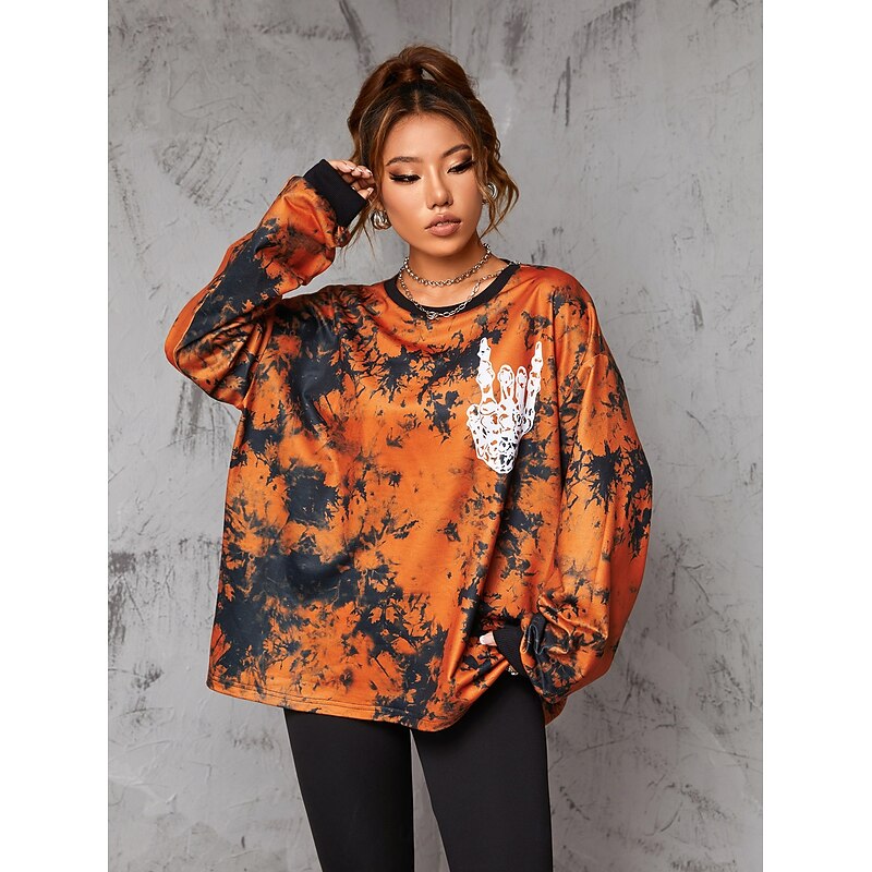 Punk & Gothic Sweatshirt Pumpkin Oversized Tie Dye Print Skeleton Hand Fancy Dress Women's Halloween Carnival Party Casual Adults Shirt2