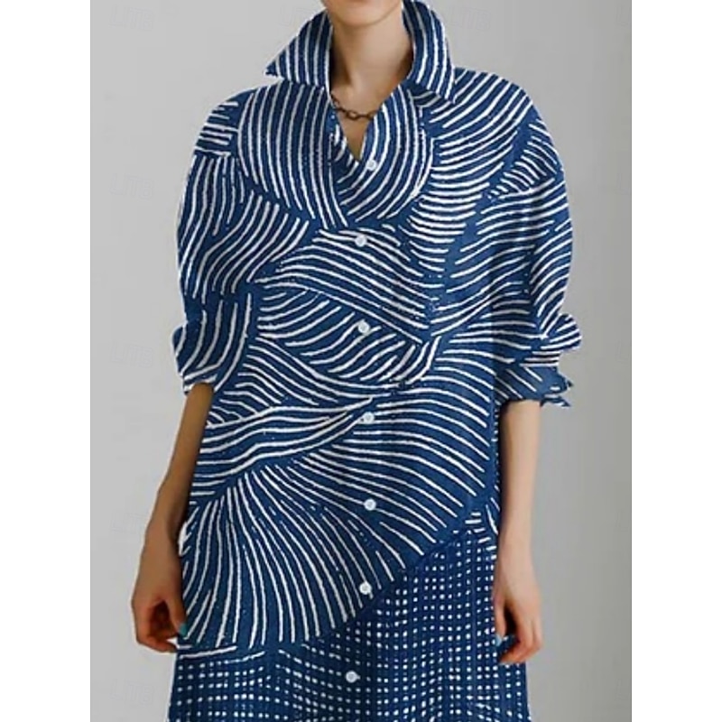 Women's Long Dress Maxi Dress Shirt Dress Casual Dress Fashion Modern Daily Holiday Weekend Regular Fit Color Block Line 3/4 Length Sleeve Shirt Collar Navy Blue Summer Spring Fall2