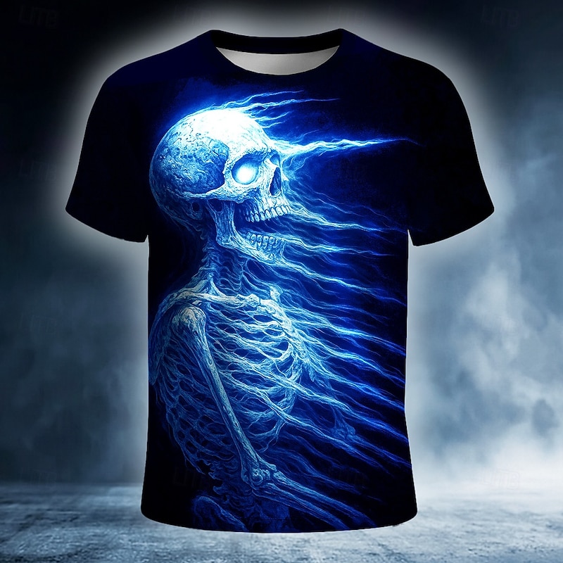 Halloween Men's Skull Optical Illusion 3D T Shirt Short Sleeve T shirt 3D Print Crew Neck Shirt Exaggerated Designer Horror Party Street Holiday Blue Purple Orange Summer Spring All Seasons Clothing3