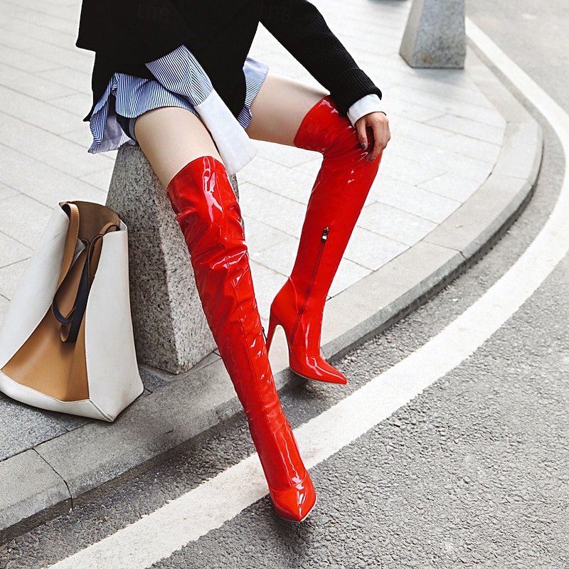 Women's Red Patent Leather Over - the - Knee Boots, Sexy Stiletto Heel for Night Out & Club Looks, Bold Party Evening Style2