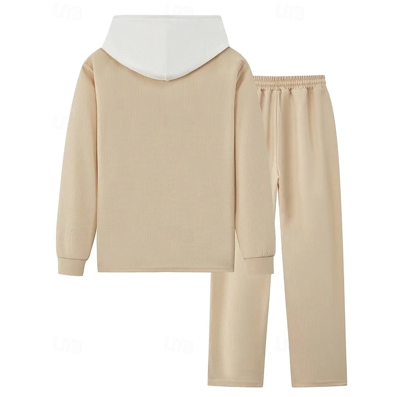 Men's Lightweight Jacket Waffle Jacket Casual Jacket Set Vacation Daily Breathable Pocket 2 Piece Spring Fall Color Block Fashion Classic Hooded Regular Black White Khaki Gray Jacket4