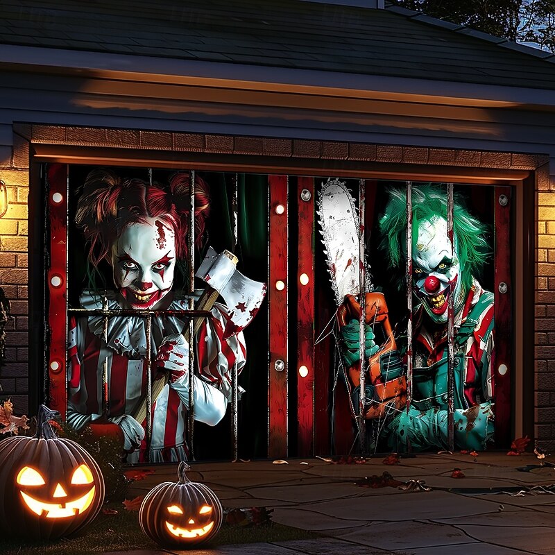Halloween Garage Door Cover Large Hanging Backdrop Clown Dark Punk Gothic Style Party Outdoor Shooting Backgrounds Front Door Home Decor3