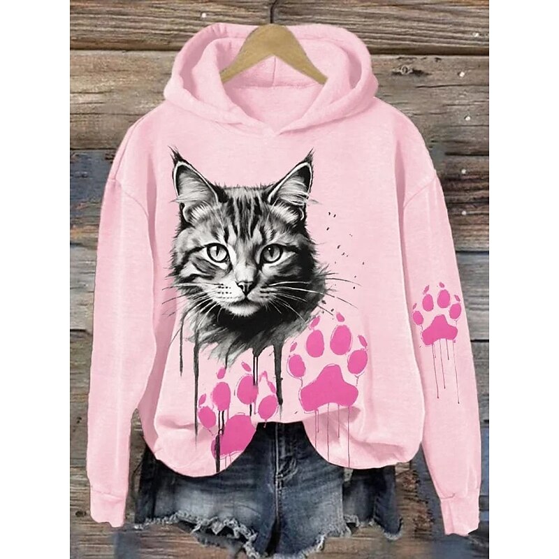 Women's Pullover Hoodie Sweatshirt Graphic Cat Elegant Warm Active Long Sleeve Hooded Regular Tops Street Dailywear Casual Print Black White Pink Blue Green Spring Fall Winter3