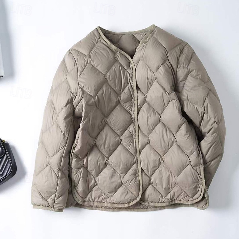 Women's Down Jacket Warm Comfortable Buttons Casual Plain Holiday Casual Daily Weekend Single Breasted Regular V Neck Regular Fit Long Sleeve Outerwear Pink Dark Green Khaki Fall Winter
