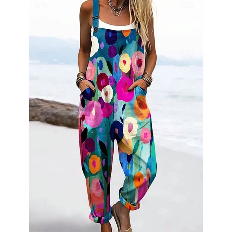 Women's Dungarees Active Floral Sleeveless Sleeveless Straight Square Neck Patchwork Pocket Vacation Daily Loose Fit Pink Blue Purple Summer4