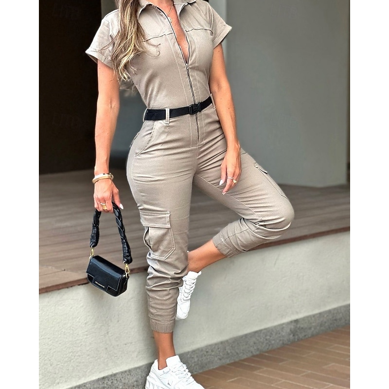 Women's Normal Jumpsuit Streetwear Solid Color Short Sleeve Cargo Pants Shirt Collar Pocket Street Daily Regular Fit Black White Khaki Fall2