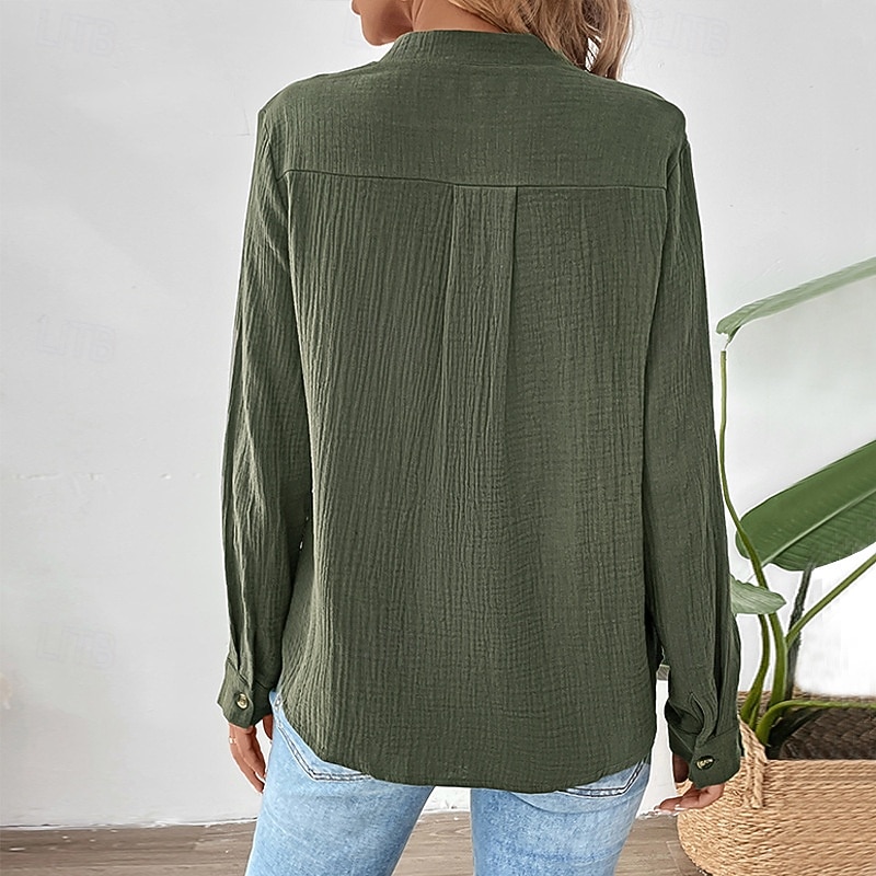Women's  100% Cotton Shirt Solid Color Elegant Daily Ladies Long Sleeve V Neck High Neck Regular Tops Work Daily Holiday Ruched Army Green Spring Fall3