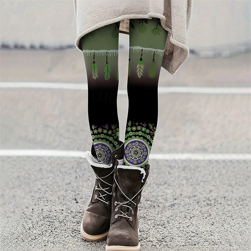 Women's Pants Trousers Leggings Cozy Leggings Casual Boho Full Length High Waist Feather Elastic Waist Print Breathability Comfortable Stretchy Vacation Street Daily Wear Wine Yellow Red Green Summer4