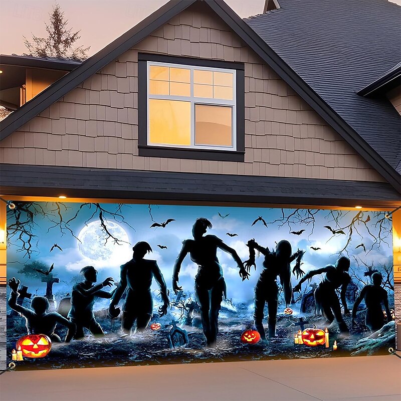 Halloween Garage Door Cover Large Hanging Backdrop Zombies Cemetery Dark Punk Gothic Style Party Outdoor Shooting Backgrounds Yard Haunted House Home Decor3