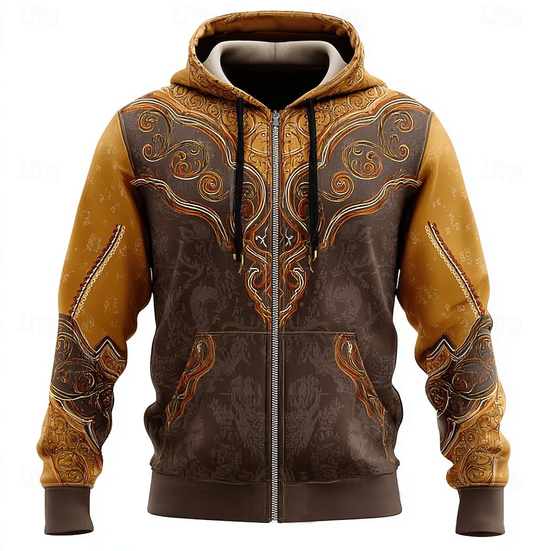 Men's Cowboy Costume Hoodie Jacket Sweatshirt Western Cowboy All Over Print Zip Vacation Streetwear Yellow Brown Zipper Fall Winter Designer