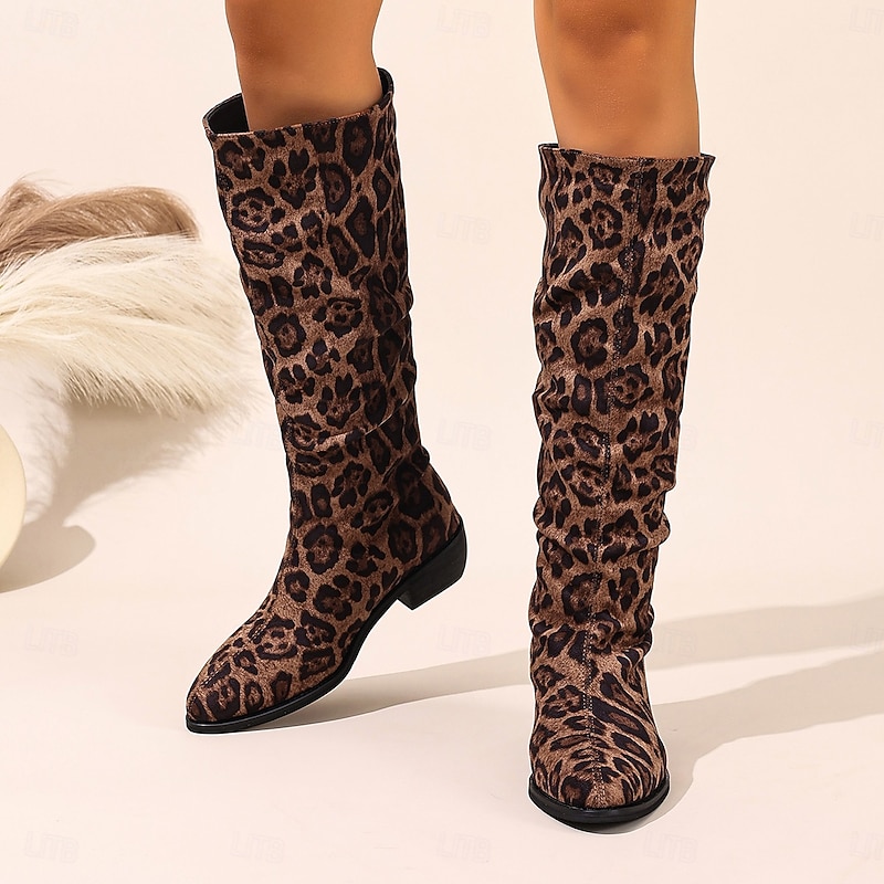 Women's Leopard Print Knee High Boots – Pointed Toe Low Heel Fall Winter Fashion Boots for Casual, Streetwear & Party Outfits3