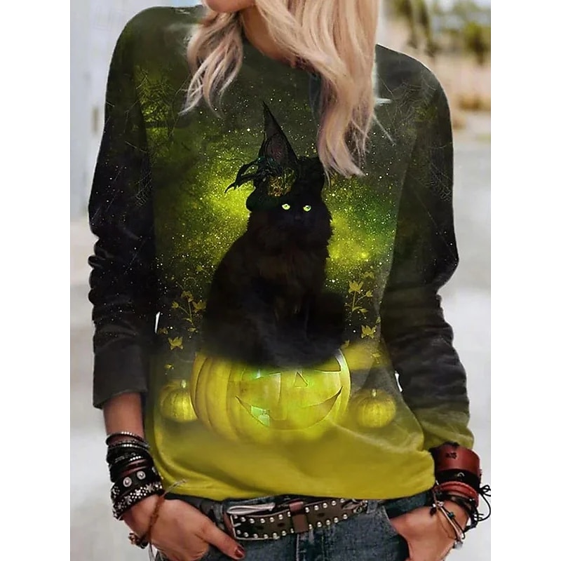 Halloween Women's T shirt Black Cat Graphic Cat Vintage Fashion Stylish Long Sleeve Crew Neck Regular Tops Daily Weekend Print Yellow Red Blue Orange Green Spring Fall Winter2