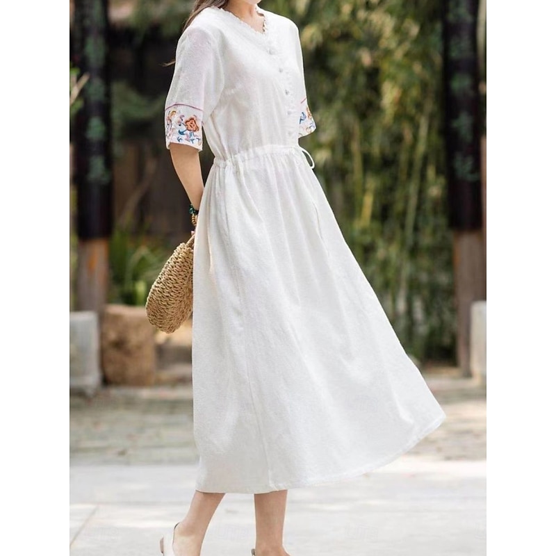 Women's Midi Dress A Line Dress Casual Daily Loose Fit Floral 3/4 Length Sleeve V Neck White Blue Orange Summer3