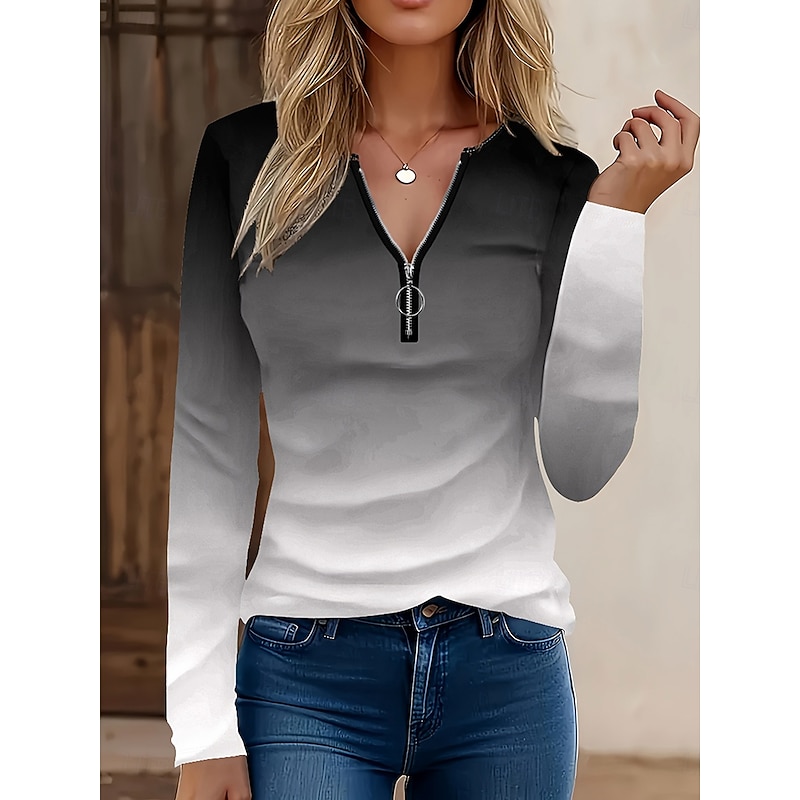 Women's T Shirt Graphic Gradient Elegant Vintage Stylish Long Sleeve V Neck Round Neck Notched Neck Regular Tops Daily Weekend Zipper Print Black Light Green Spring Fall Winter