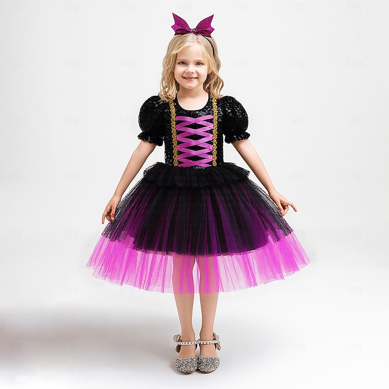 Kids Girls' Party Dress Solid Color Short Sleeve Special Occasion Halloween Party Halloween Custome Sweet Polyester Summer Spring Fall kids Purple