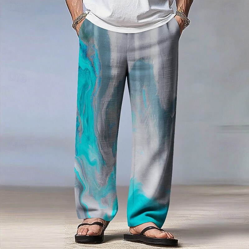 Men's Marble Gradient Color Pants Trousers Casual Pants Mid Waist Drawstring Elastic Waist Bohemian Vintage Retro Outdoor Vacation Straight Leg Trousers Spring Fall 3D Print Blue Purple Green2