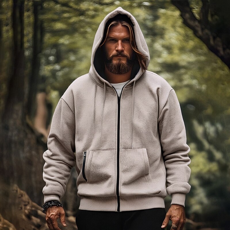 Men's Hoodie Full Zip Hoodie Black Navy Blue Khaki Light Grey Hooded Plain Drawstring Pocket Sports & Outdoor Daily Holiday Polyester Streetwear Basic Casual Spring Fall Clothing Apparel Hoodies4