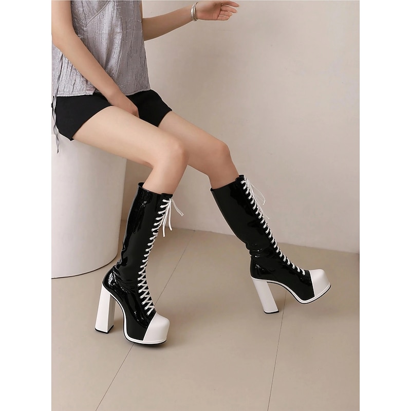 Women's Black and White Platform Knee-High Boots - Retro Lace-Up High Heels for Cosplay and Themed Events3