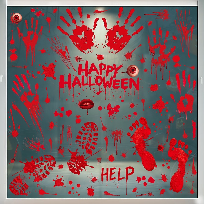 8 Sheets Halloween Window Cling Wall Sticker Decals Decorations, Bloody Footprints & Hands, Creepy Horror Glass Stickers, Double-Sided, Halloween Party Home Decor2
