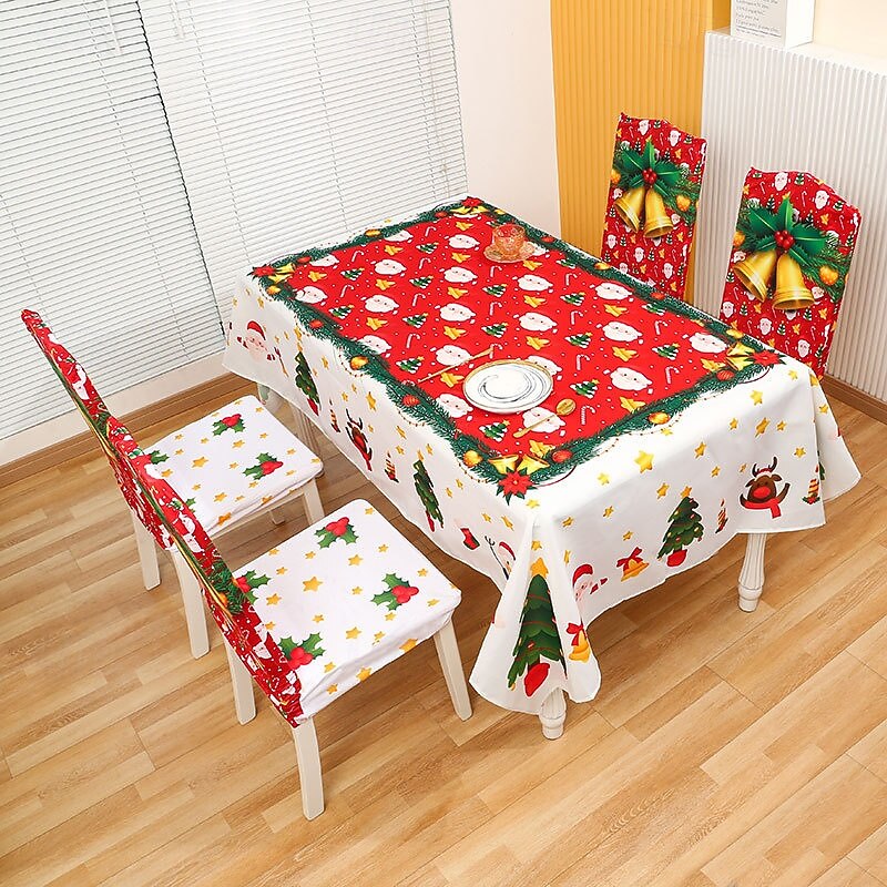 Christmas Chair Covers and Tablecloth Set, Holiday Printed Stretch Chair Slipcovers with Table Cover for Dining Room, Kitchen, Party Decor2