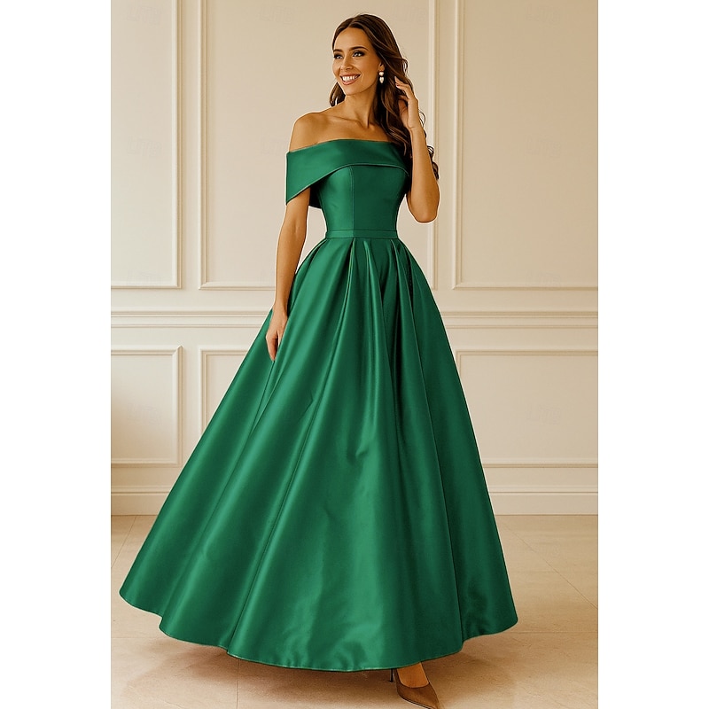 Pink Black A-Line Evening Gown Elegant Dress Formal Floor Length Short Sleeve Off Shoulder Pocket Satin with Ruched 20254