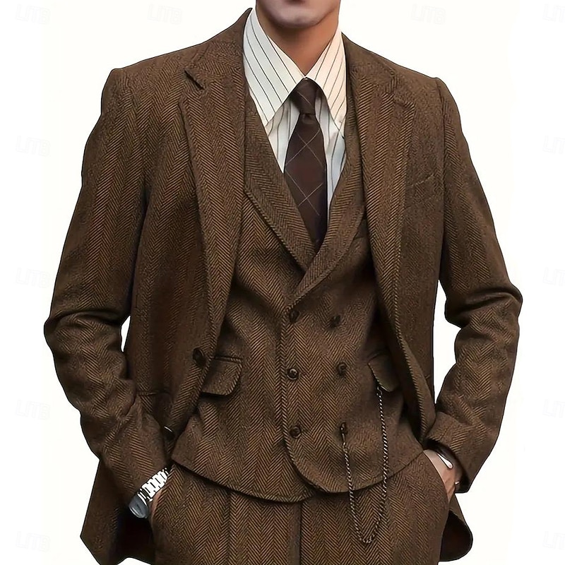 Men's Wedding Casual Business Suits Notch Lapel Brown Daily Solid Colored Tailored Fit 3 Piece Single Breasted Two-buttons