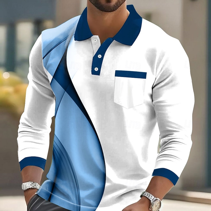 Men's Geometric Polo Long Sleeve Polo Shirts Lapel Casual Business Casual Athleisure Daily Wear Pocket 3D Print Buttons Spring Fall Lake blue Black White3