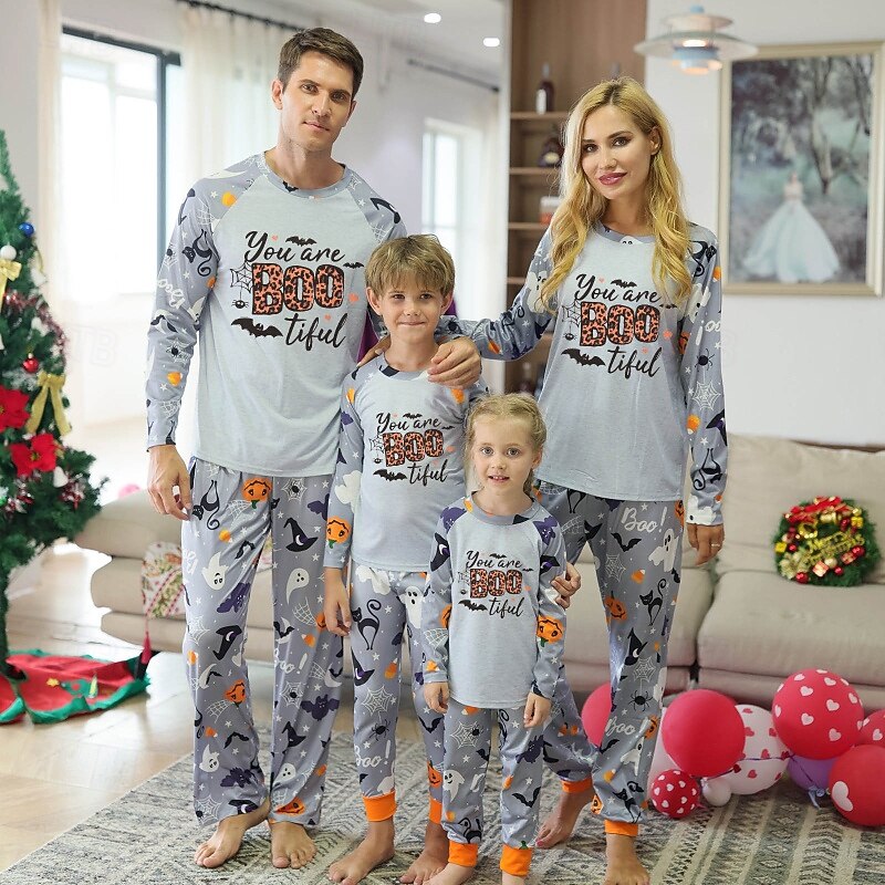 Family Pajamas Floral Home Print Gray Long Sleeve Adorable Matching Outfits2
