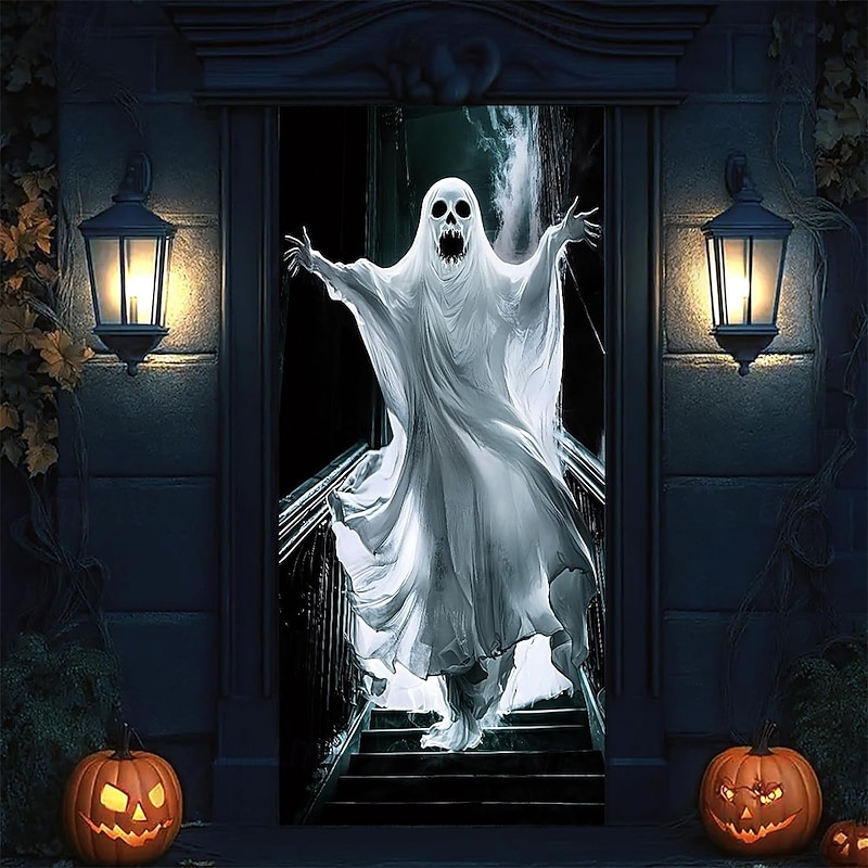 Halloween Door Cover Outdoor Banners Ghost Boo Psychedelic Dark Punk Gothic Style Party Outdoor Shooting Backgrounds Front Door Wall Porch Home Decor3