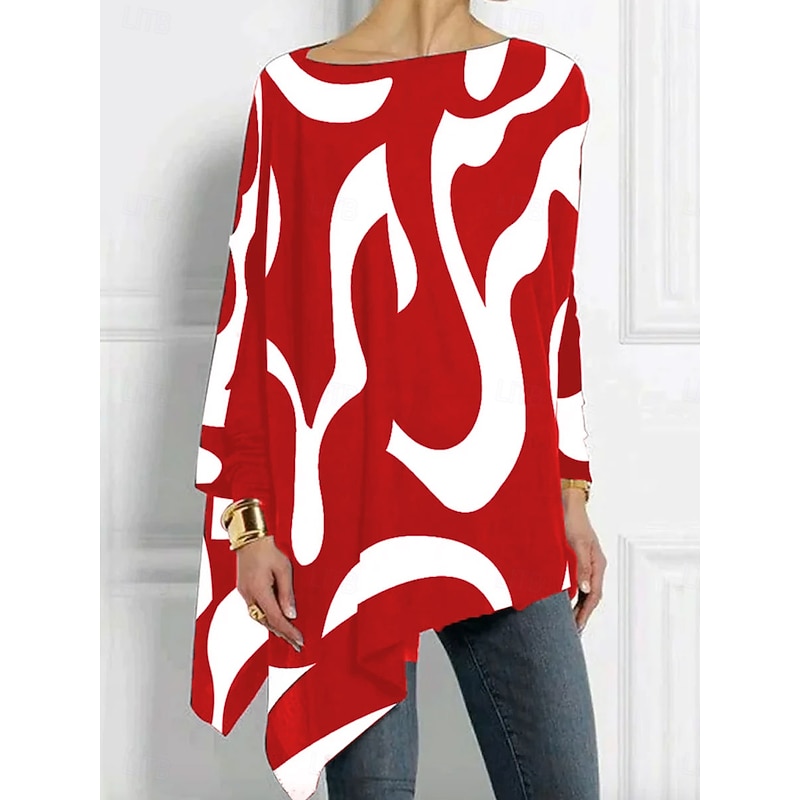 Women's T shirt Long Sleeve Graphic Geometric Abstract Vintage Stylish Classic Long Sleeve Crew Neck Long Tops Daily Print Asymmetrical Black Red Blue Purple Spring Fall Prefall2