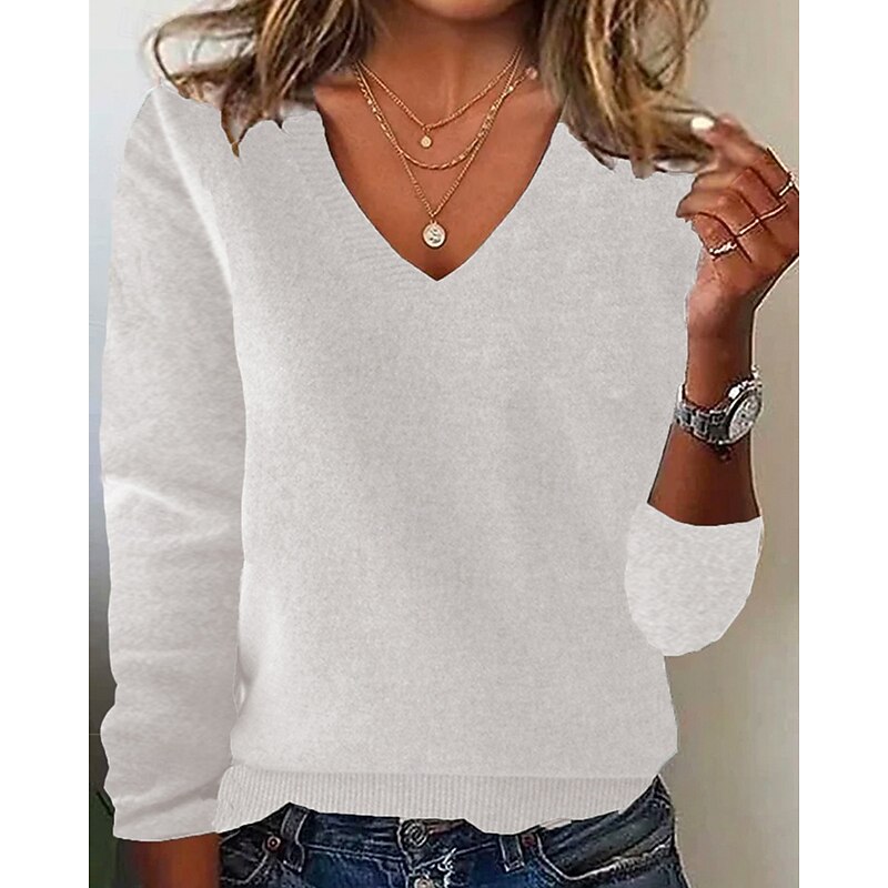 Women's Sweater Pullover Daily Stylish Casual Solid Color Ribbed V Neck Knitted Long Sleeve Regular Tops Knit Daily Holiday Going out Black White Fall Winter3