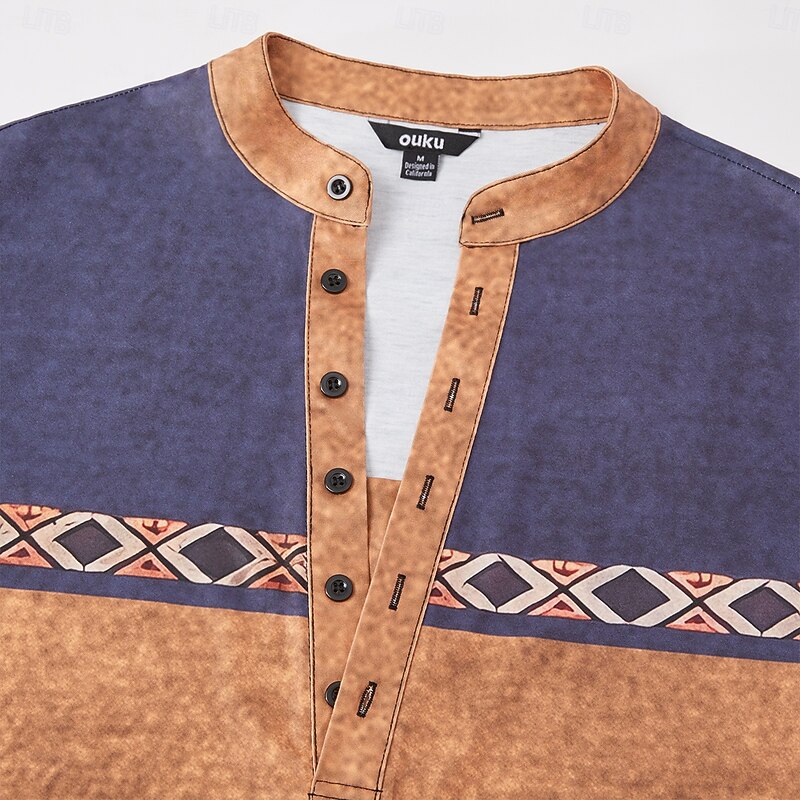 Men's Tribal T Shirt Henley Shirt Long Sleeve 3D Print Designer Retro Vintage Street Casual Daily Summer Spring Fall Dark Brown Black Blue Brown Green Henley Henley T-Shirt3