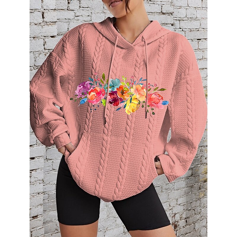 Women's Hoodies Floral Graphic Sportswear Casual Long Sleeve Hooded Regular Tops Casual Sports Drawstring Print Front Pocket Black White Pink Gray Fall Winter