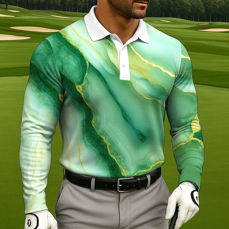 Men's Marble Polo Long Sleeve Polo Shirts Lapel Casual Athleisure Daily Wear 3D Print Buttons Spring Fall Winter Yellow Blue Purple2
