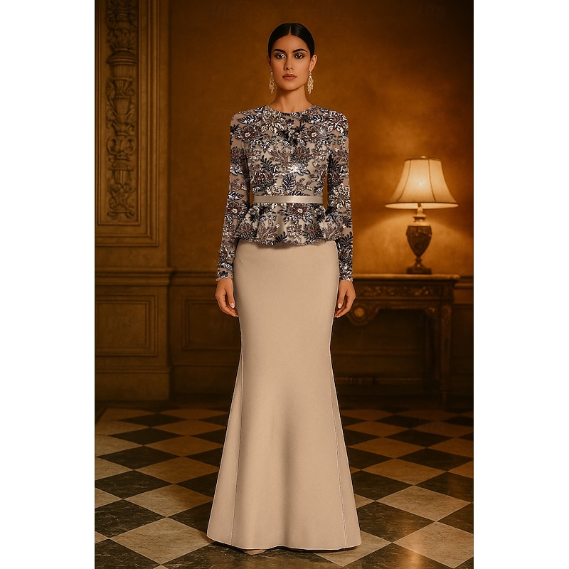 Floral Beaded Embroidered Lace Applique Mermaid / Trumpet Evening Gown Elegant Dress Formal Wedding Stretch Crepe Floor Length Long Sleeve Crew Neck with Satin Belt 20254