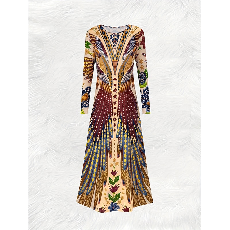 Women's Maxi Dress Sheath Dress A Line Dress Casual Boho Wedding Guest Beach Regular Fit Floral Graphic Bird Long Sleeve Crew Neck Yellow Spring Fall Winter3