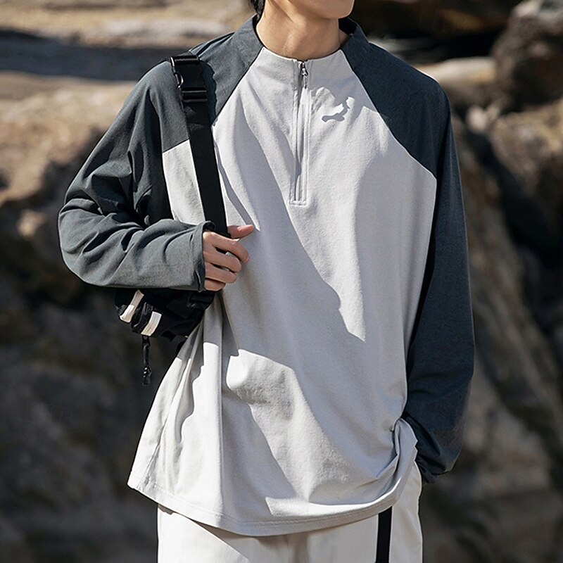 Men's Hiking Shirt Hiking top Long Sleeve Stand Collar Top Outdoor Quick Dry Sweat wicking Polyester Patchwork Dark Grey Light Grey Purple Tennis Golf Running