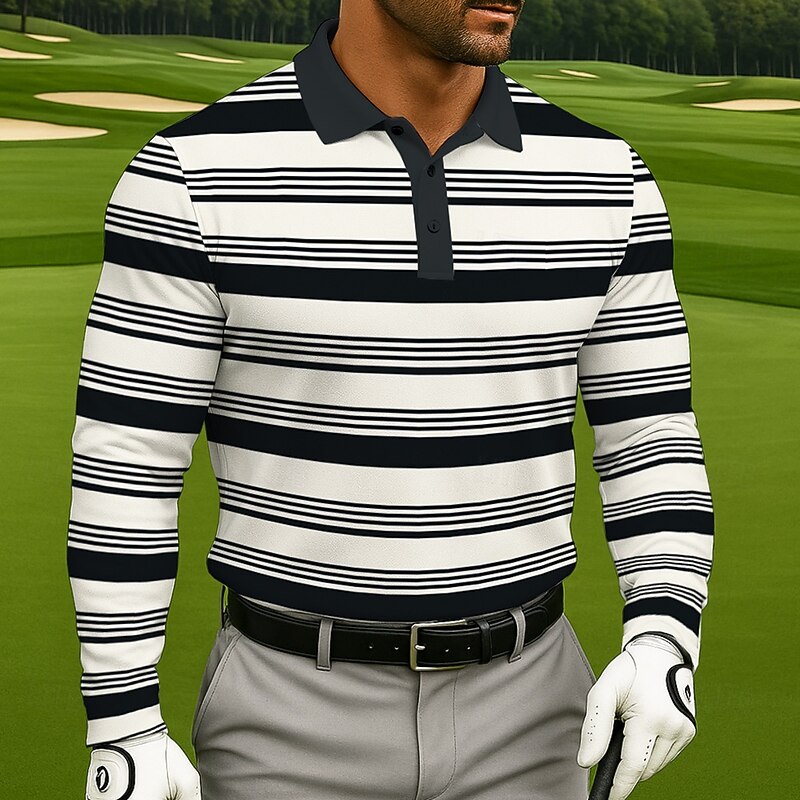 Men's Striped Geometic Rugby Polo Long Sleeve Polo Shirts Lapel Business Casual Athleisure Daily Wear 3D Print Buttons Spring Fall Winter Black White2