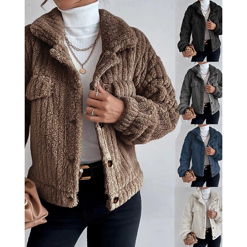 Women's Winter Coat Fleece Jacket Warm Comfortable Pocket Buttons Fashion Plain Going out Weekend Single Breasted Regular Turndown Regular Fit Long Sleeve Outerwear Black Brown Dark Grey Winter