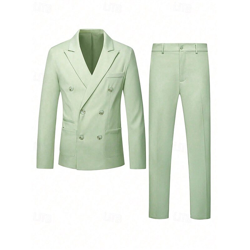 Men's Blazer Set Business Cocktail Party Wedding Party 2 Piece Fashion Casual Spring Fall Polyester Plain Pocket Buttons Comfortable Double Breasted Blazer Light Green2
