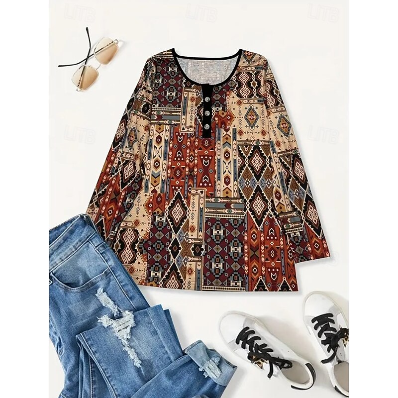 Women's Tunic T Shirt Floral Graphic Geometric Stylish Casual Boho Long Sleeve Crew Neck Regular Tops Daily Going out Weekend Black Red Orange Brown Khaki Fall Winter2